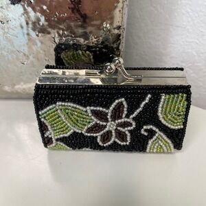 Black Beaded Lipstick Holder Coin Case Clutch Floral Green Brown White Kiss Lock